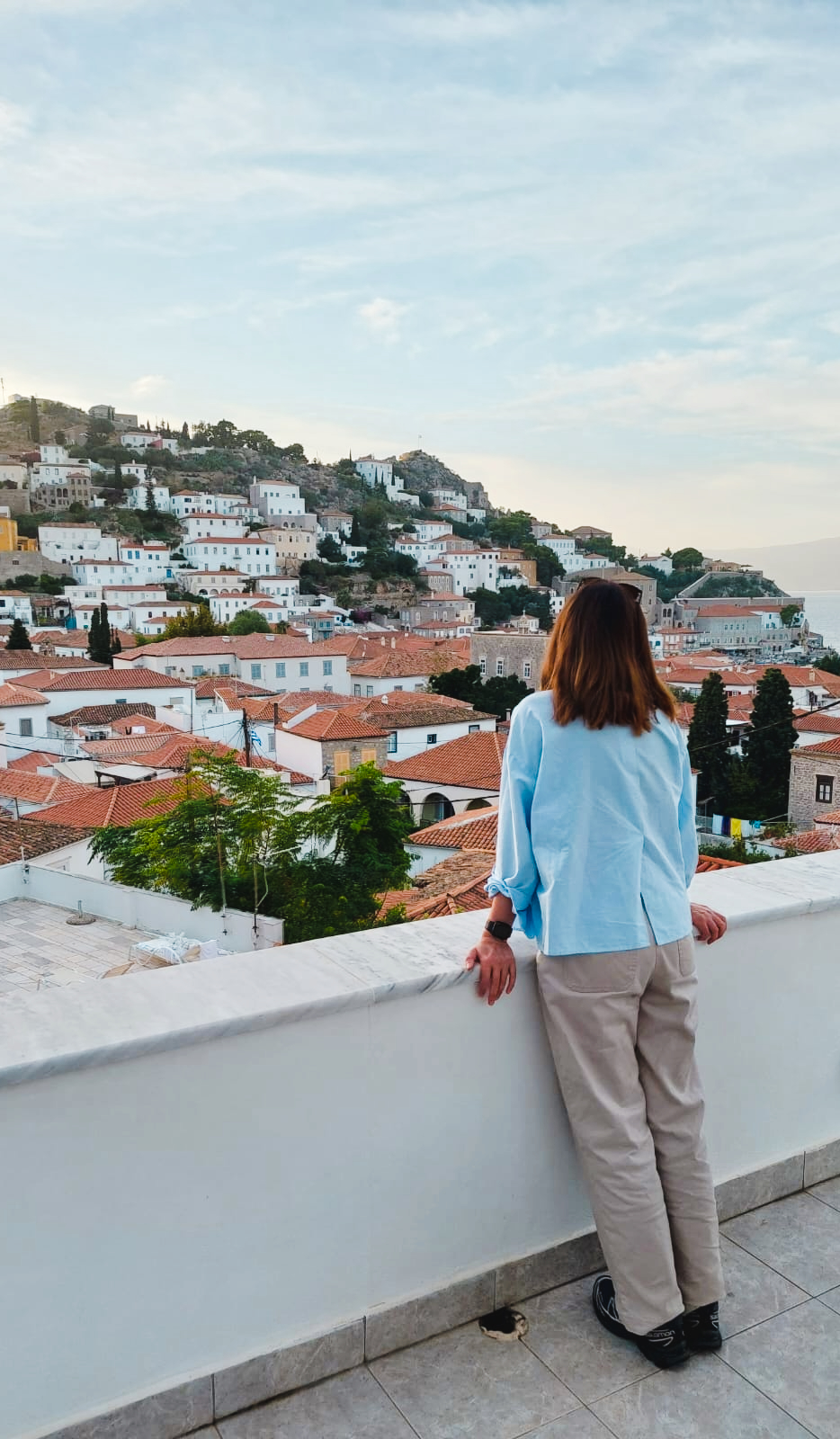 Nienke gazing wistfully over the port of Hydra
