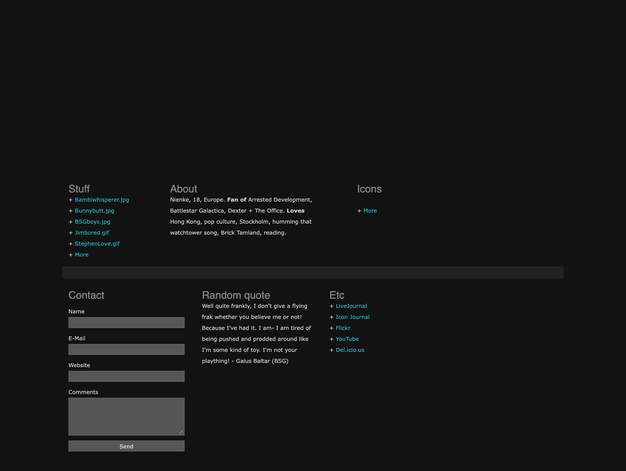 A near-black page with grey headings for Stuff, About, Icons, Contact, Random quote and Etc, cyan links and a grey contact form