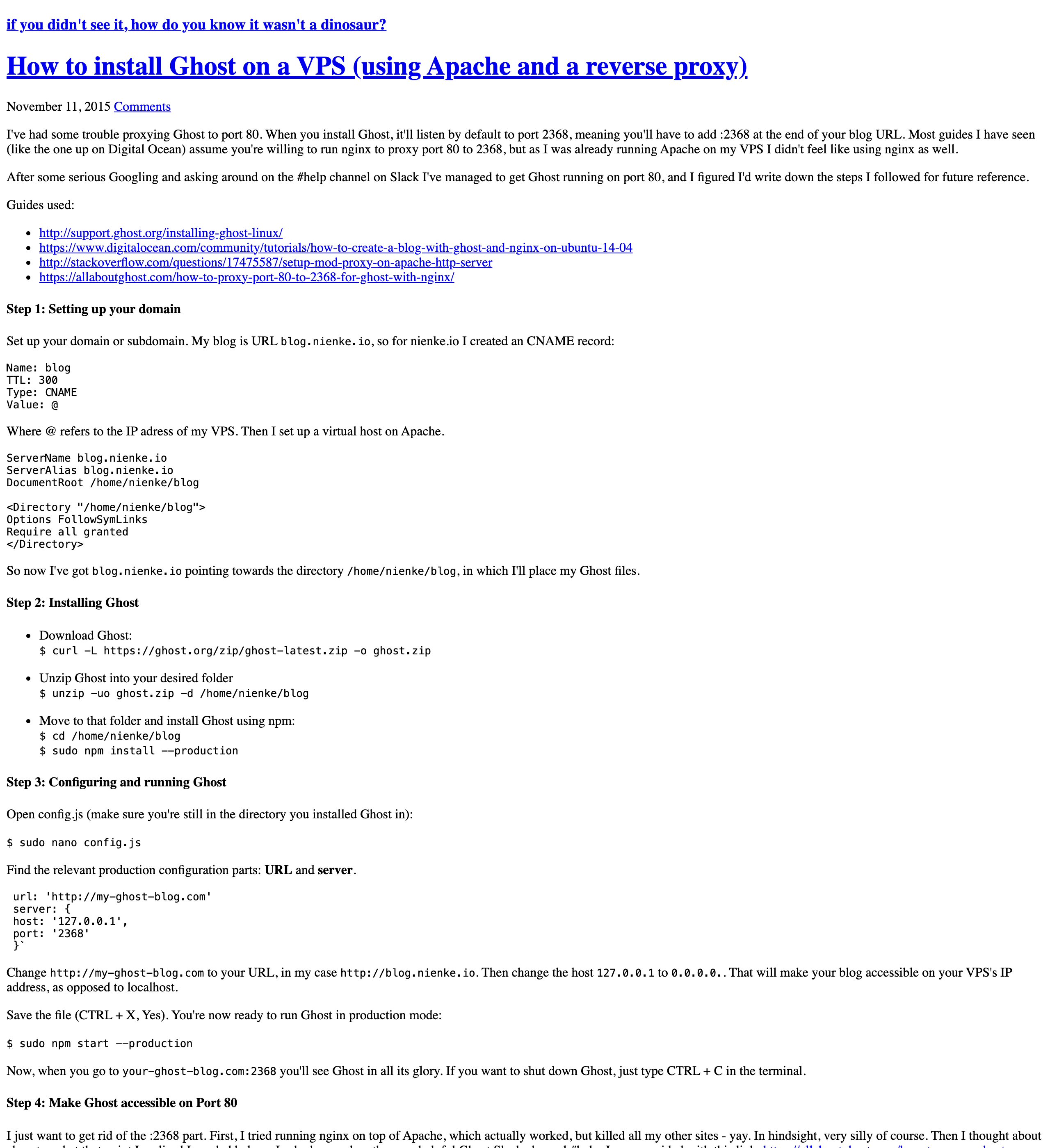 An unstyled Ghost blog post in Times New Roman about installing Ghost behind Apache, with code blocks