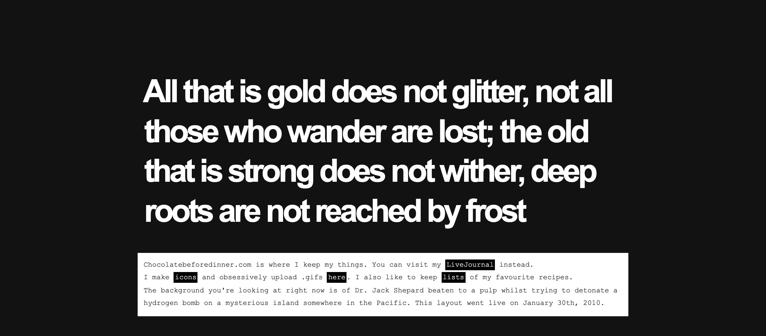 A black page with a Tolkien poem in huge bold white sans-serif and a white box of small monospace text with black-highlighted links