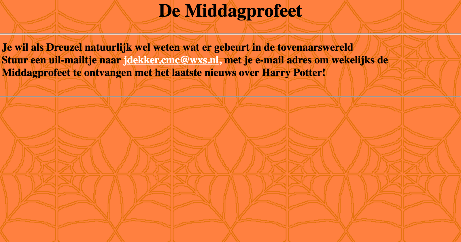 De Middagprofeet in big black serif type on a tiled orange spiderweb background