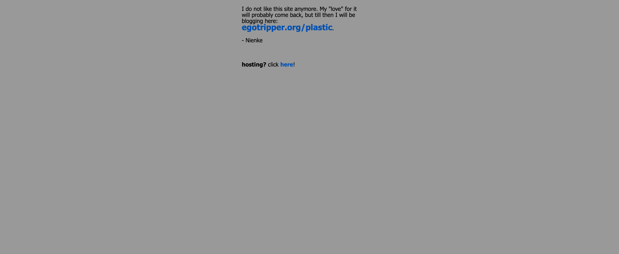 A plain grey page with a few lines of black Tahoma text and blue links to egotripper.org/plastic and hosting