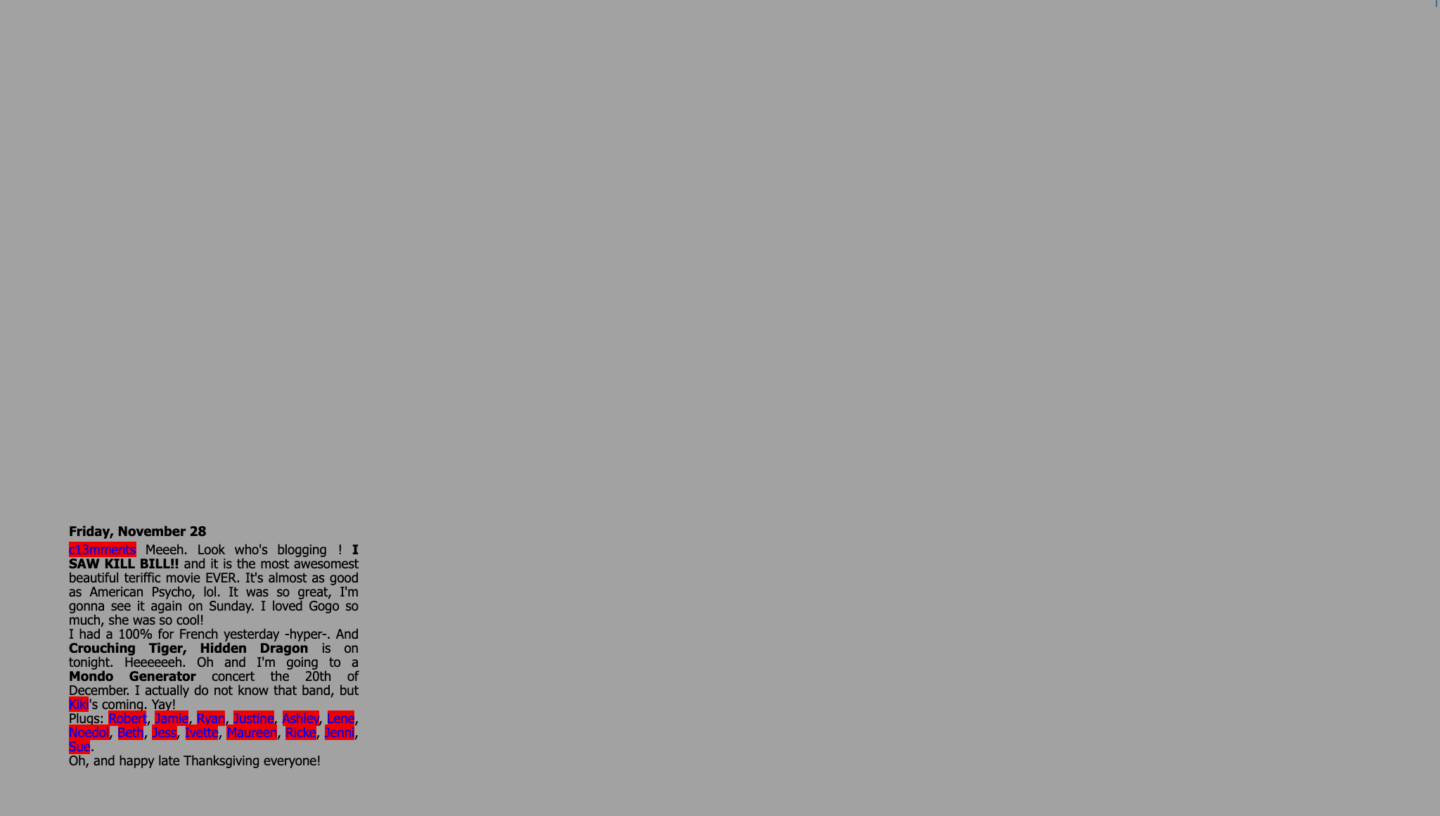 A grey page with the Kill Bill blog post in the bottom left corner