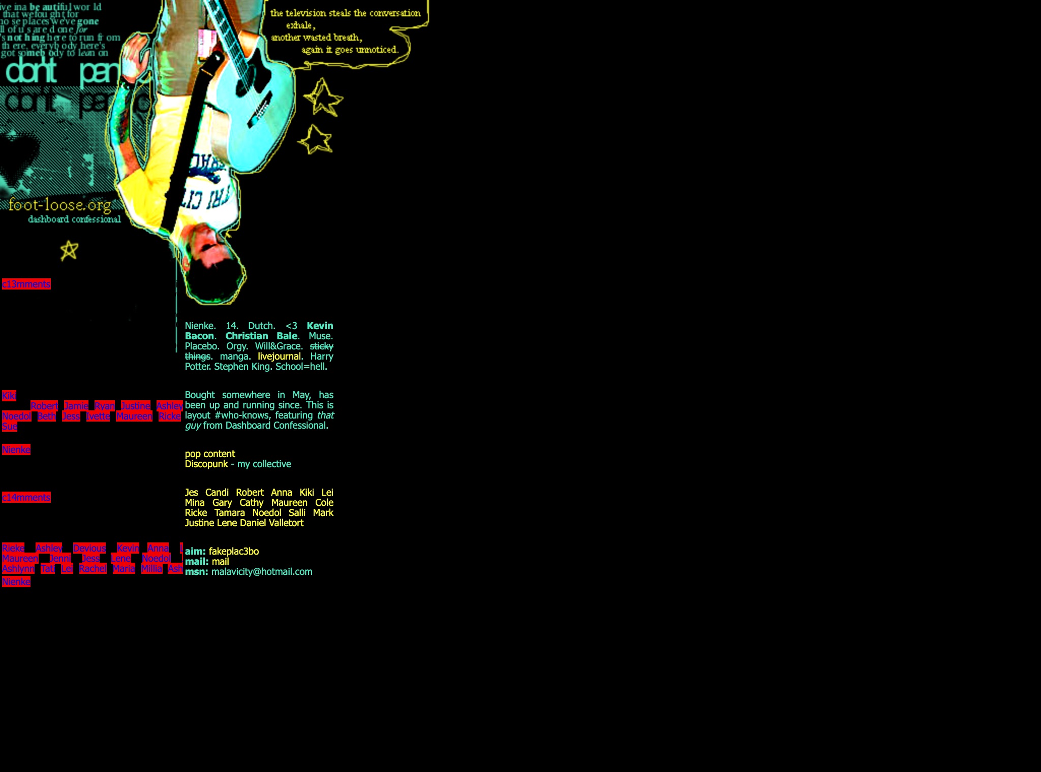 A black page with Chris Carrabba upside down with a guitar, Dashboard Confessional lyrics, a narrow column of turquoise text with yellow links, and the blog on the left