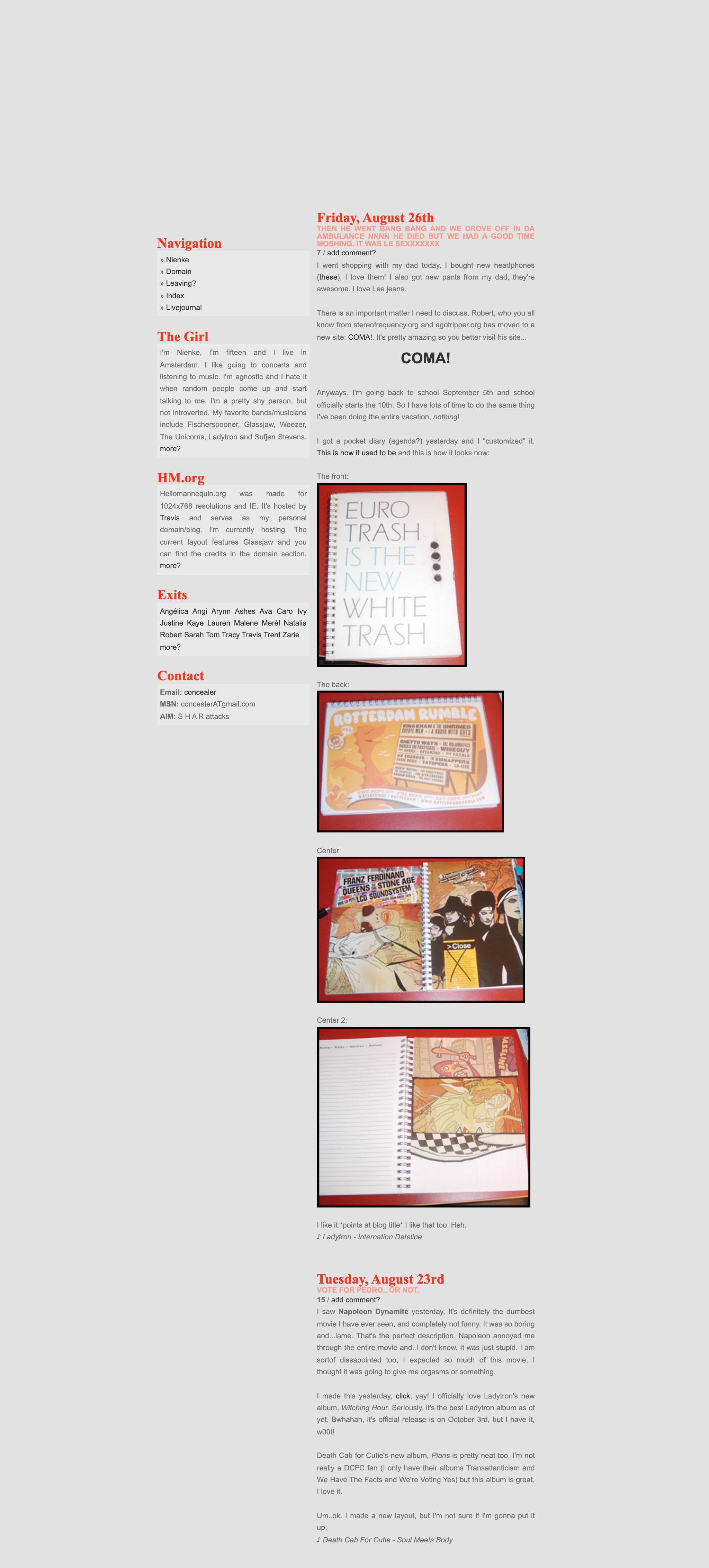A light grey page with red serif headings, a sidebar, and a blog post with four photos of a customised pocket diary covered in gig posters