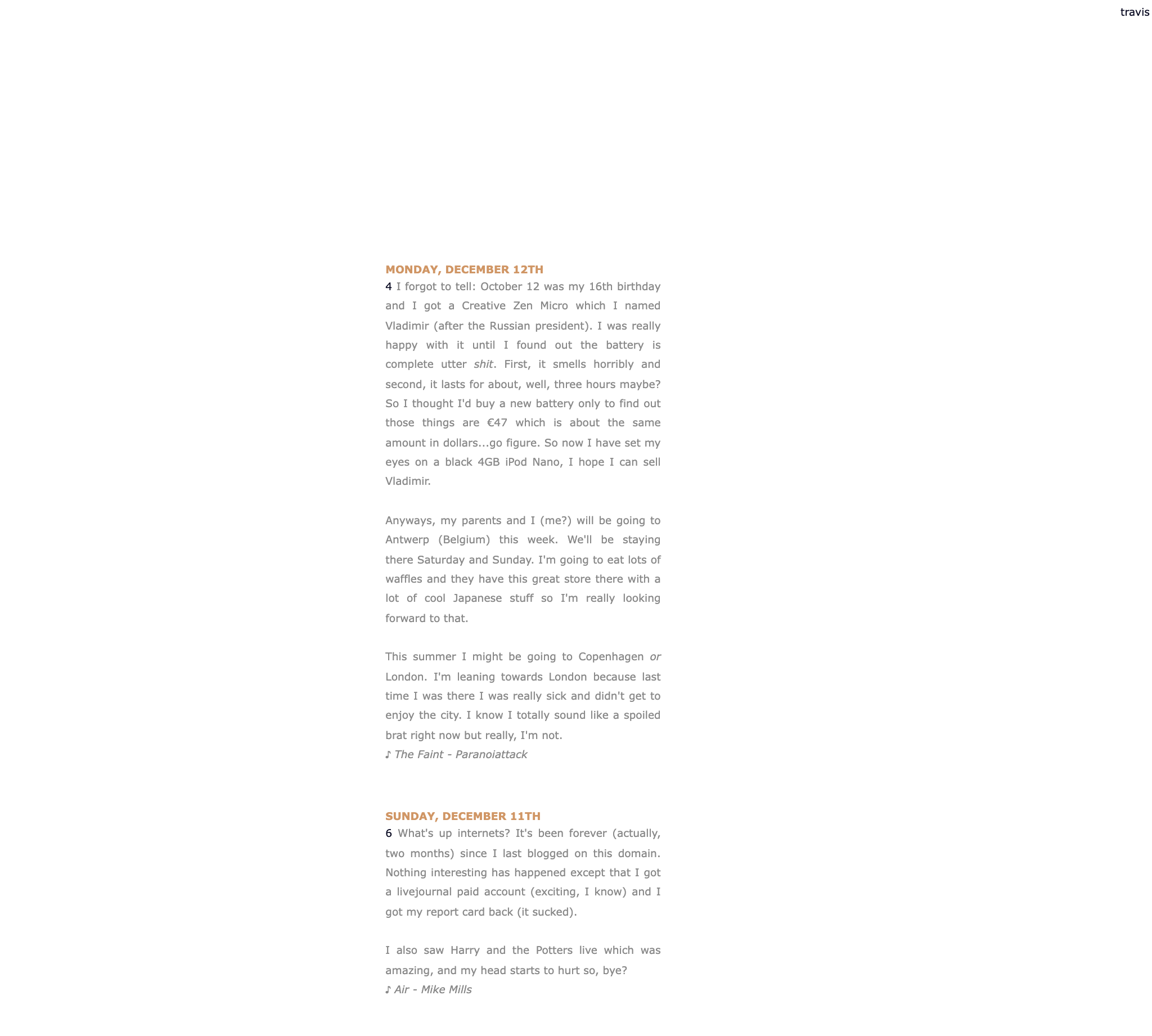 A white page with one column of grey Verdana blog posts under orange uppercase dates