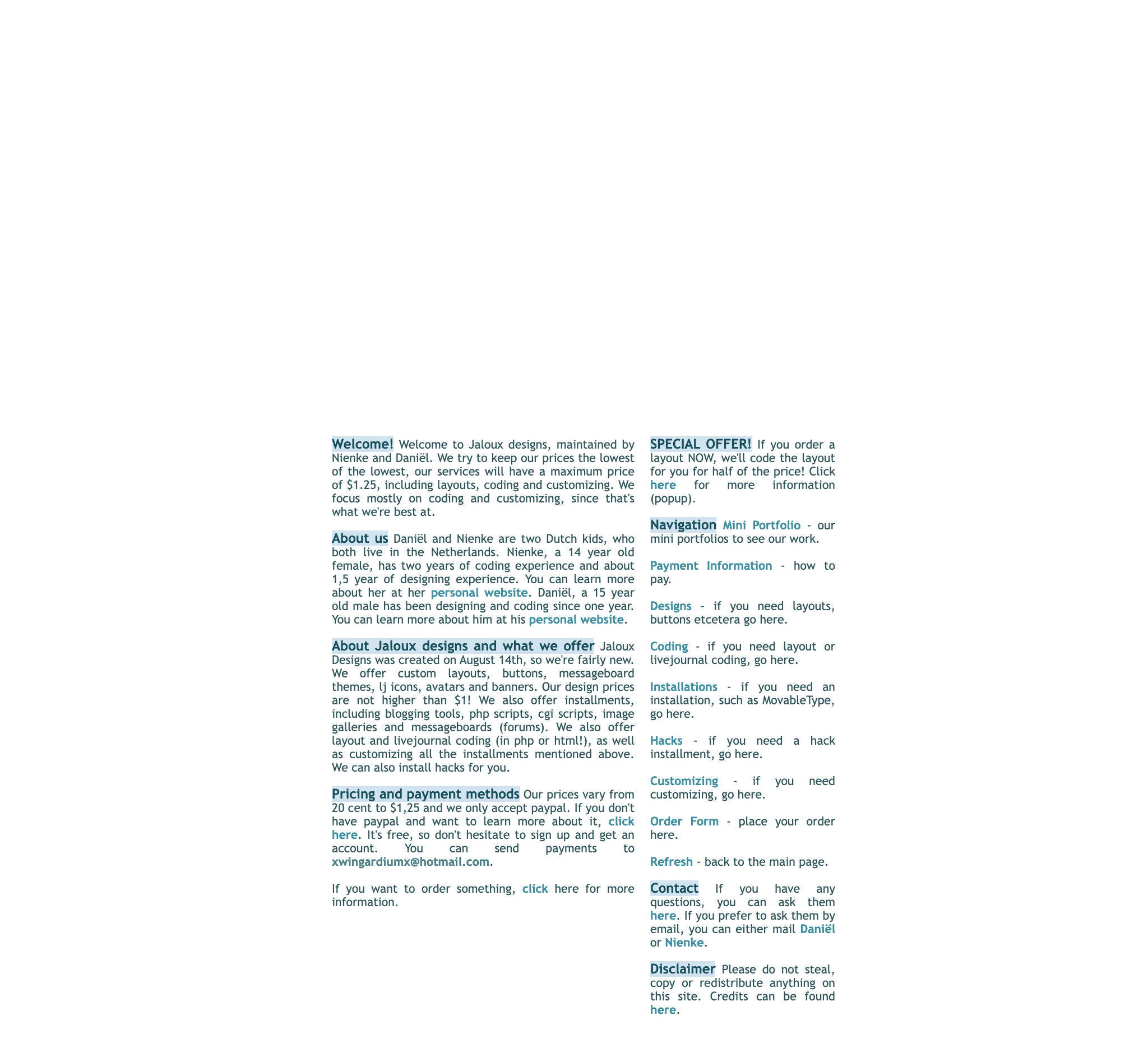 A white page with two columns of teal text with pale blue highlighted headings: welcome, about us, pricing, special offer, navigation, contact