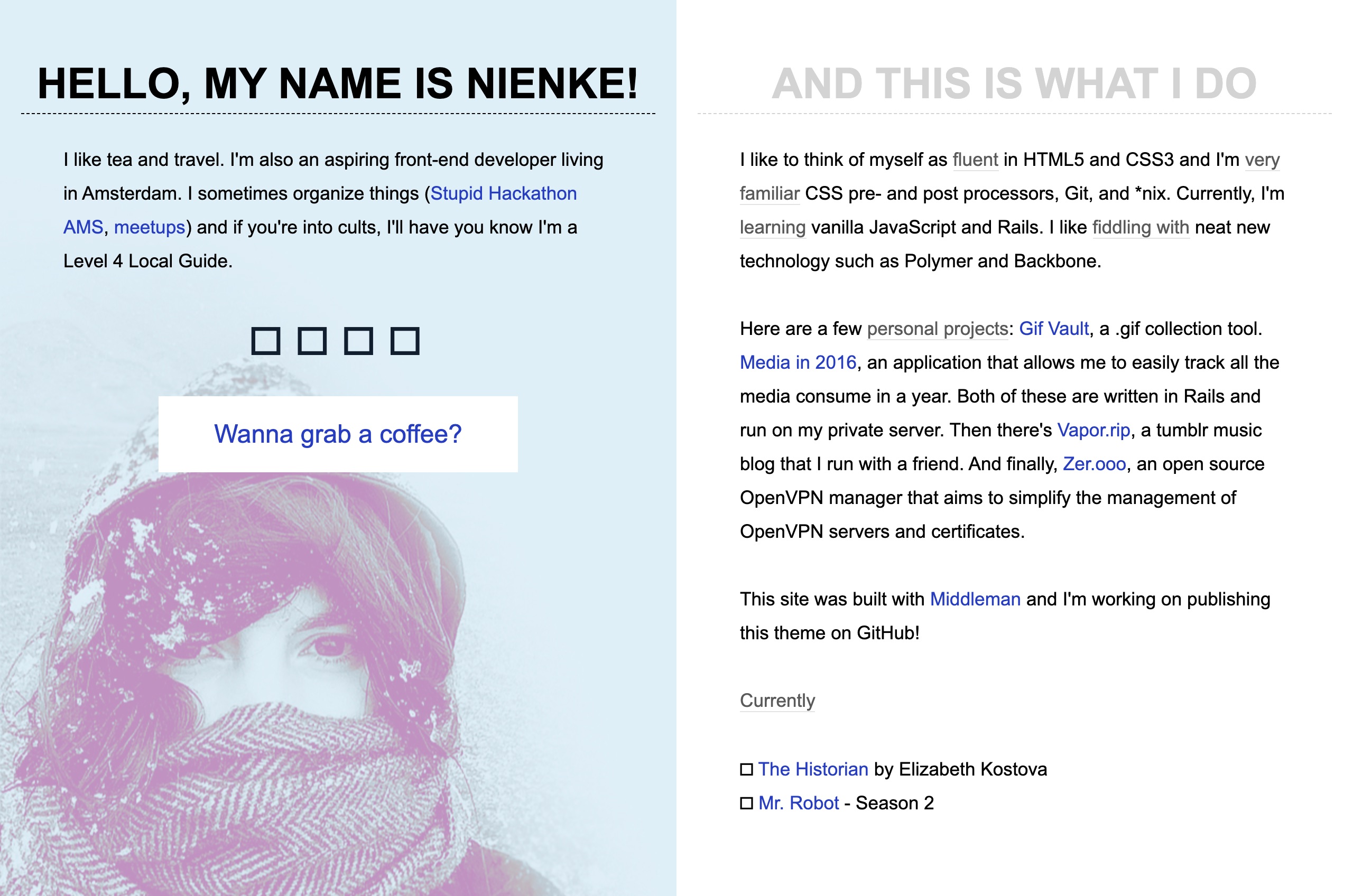 Two columns: pale blue on the left with a pink-tinted photo of me in a snowy scarf, white on the right listing what I do and my side projects