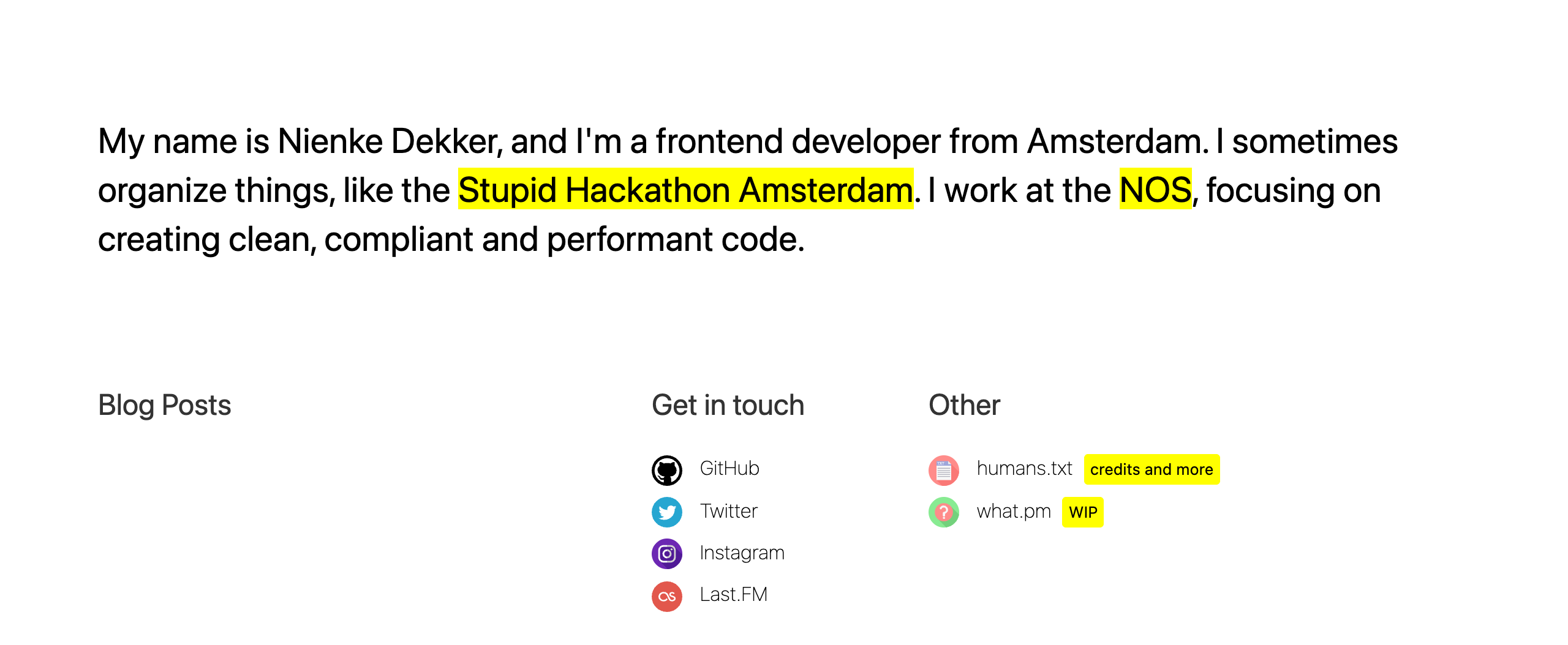 A white page with large black text, yellow-highlighted links and columns for blog posts, contact links and other links