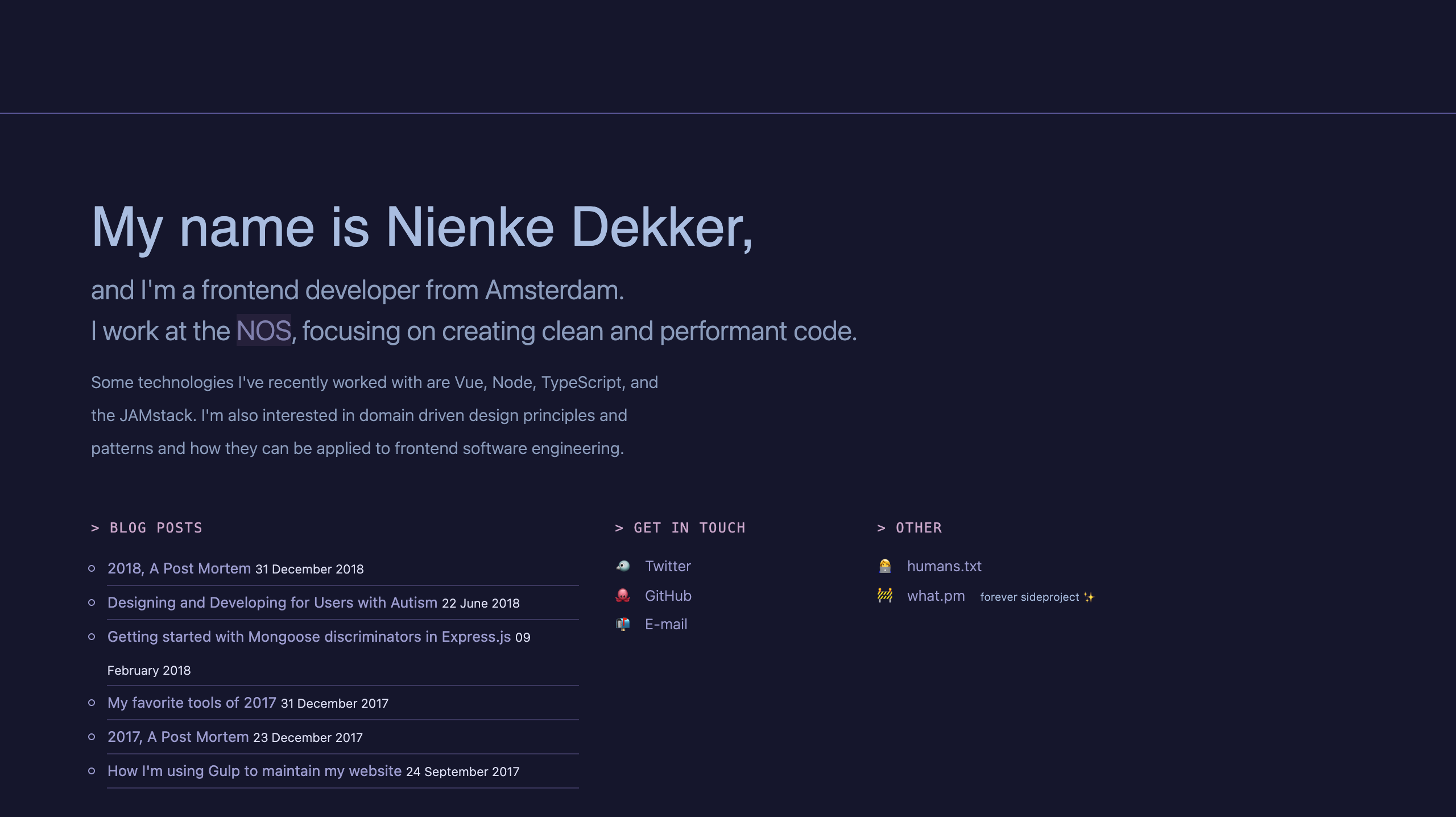 A dark navy page with a big lavender heading and monospace labels over a list of blog posts, contact links and other links