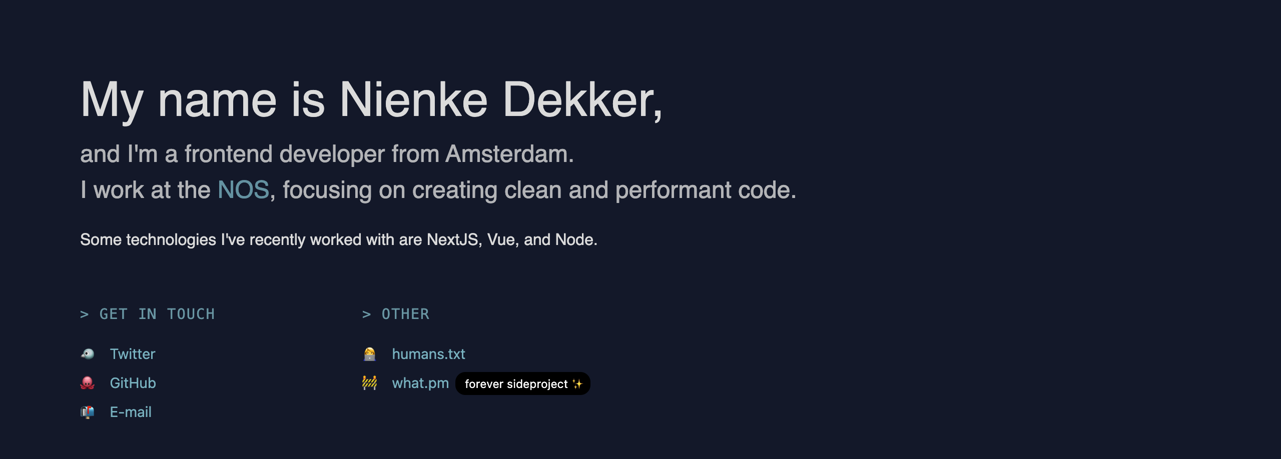 A dark navy page with a large light grey introduction, and monospace GET IN TOUCH and OTHER headings over emoji links to Twitter, GitHub, e-mail, humans.txt and what.pm