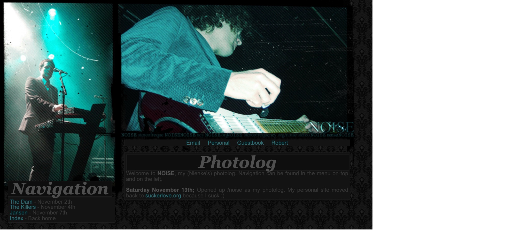 A dark damask page with teal-tinted gig photos of a keyboardist and a guitarist, a Photolog heading and a Navigation box