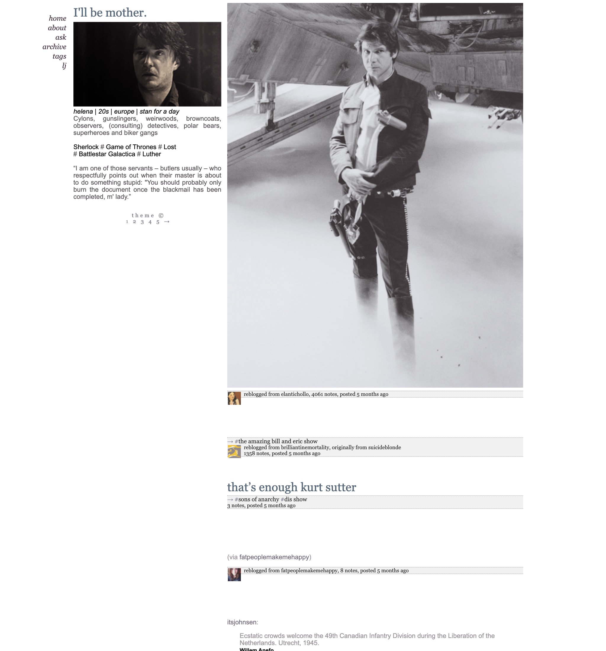 A white Tumblr theme with a narrow italic menu, a sidebar headed I'll be mother. with a TV still, and a column of reblogged photos with grey reblog lines, the first a still of Han Solo
