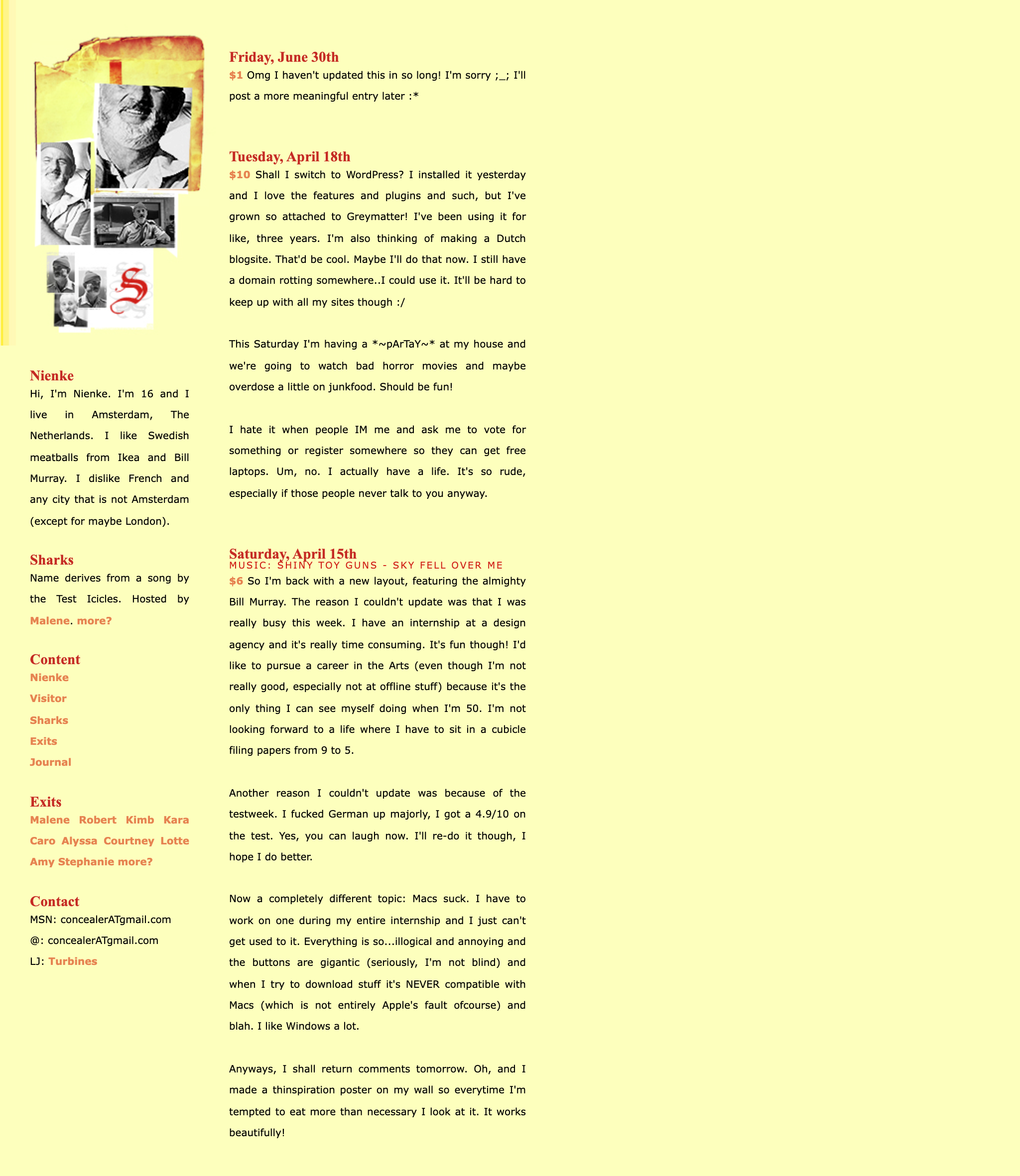 A pale yellow page with a torn-paper collage of Bill Murray photos and a red S, red Georgia headings, and a column of blog posts in small Verdana