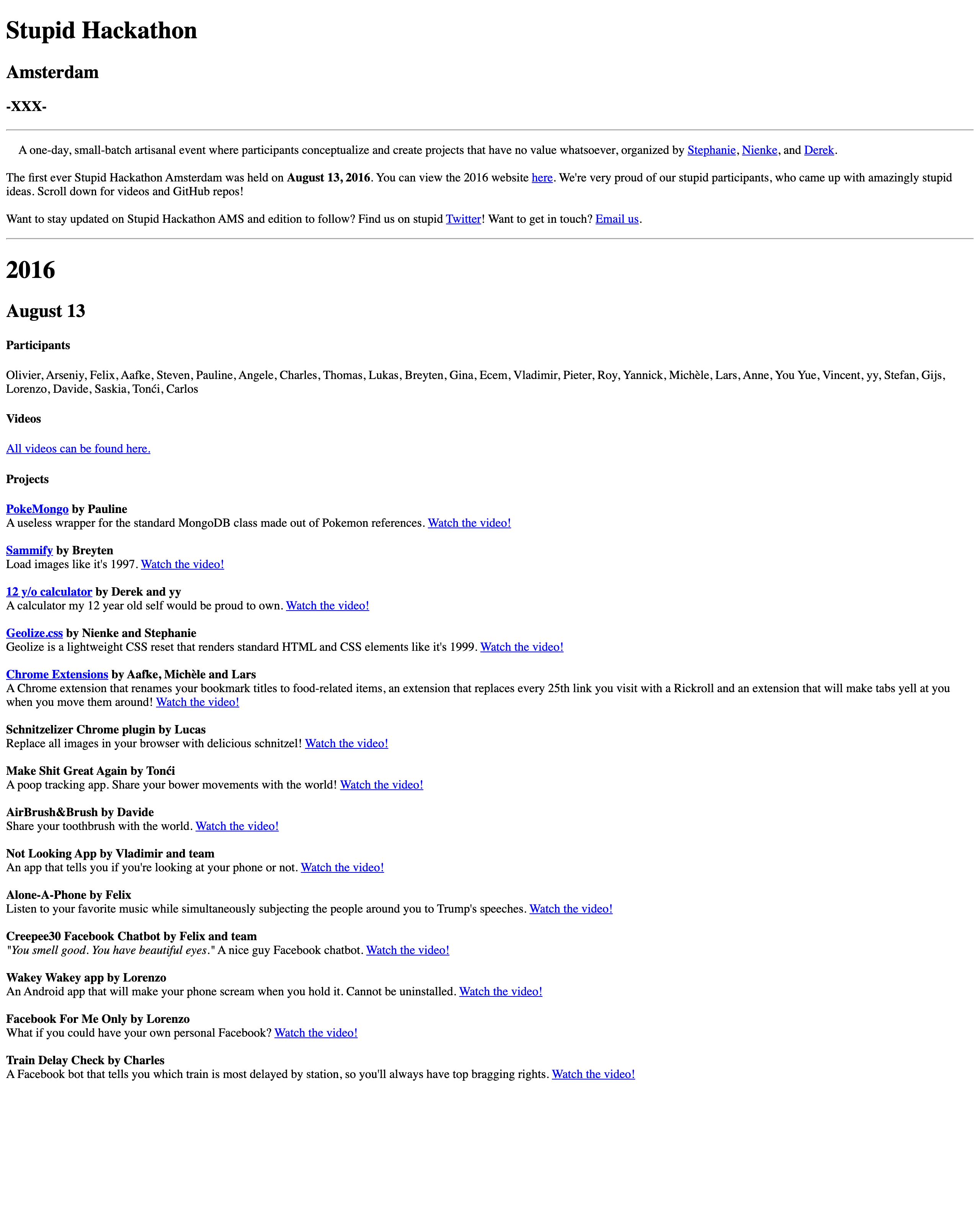 An unstyled page listing the 2016 participants and projects, each with a link to its video