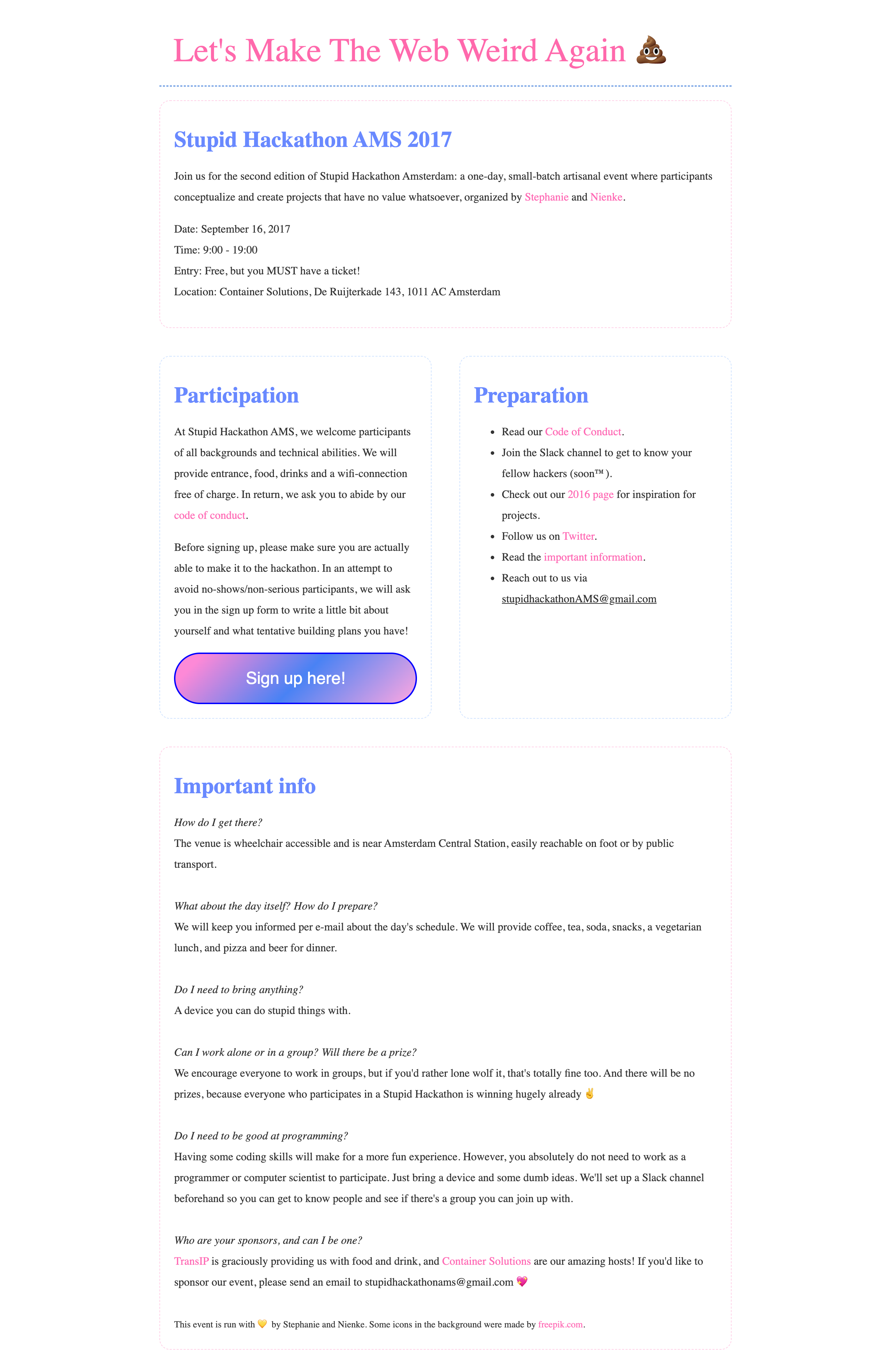 A white page with a pink Let's Make The Web Weird Again heading, cards with blue headings and a pink-to-blue gradient sign-up button
