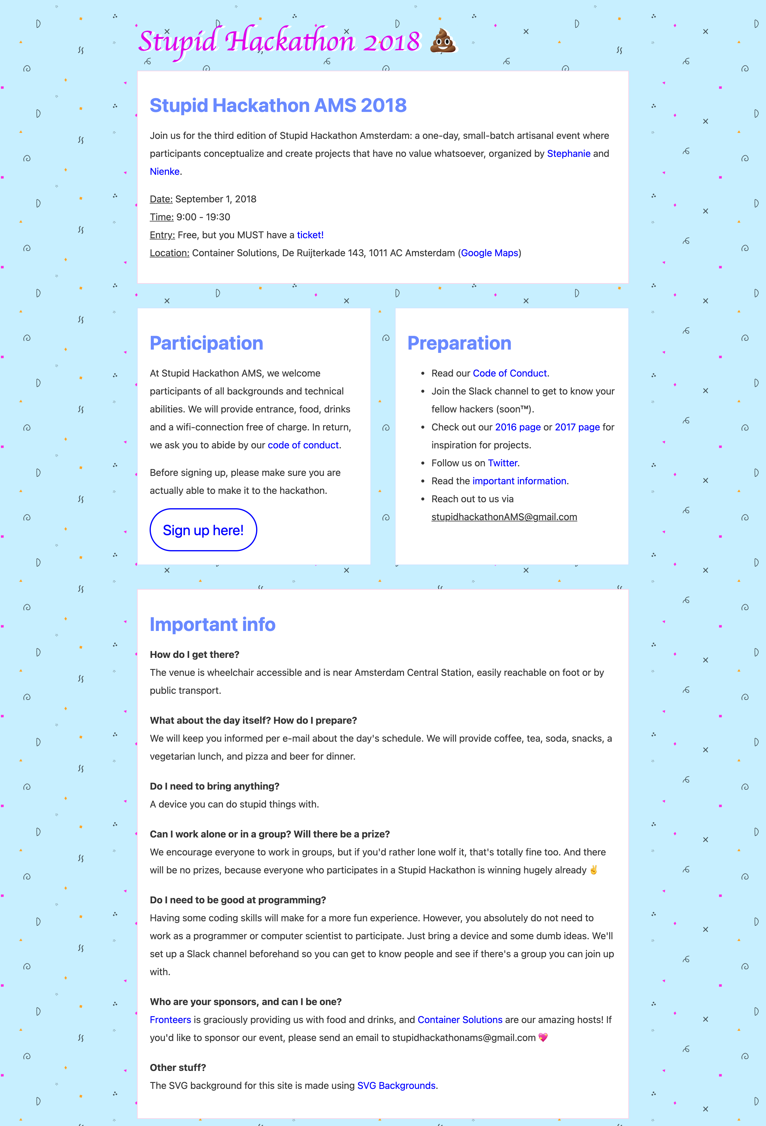 White cards on a light blue background scattered with small coloured shapes, under a pink script Stupid Hackathon 2018 heading