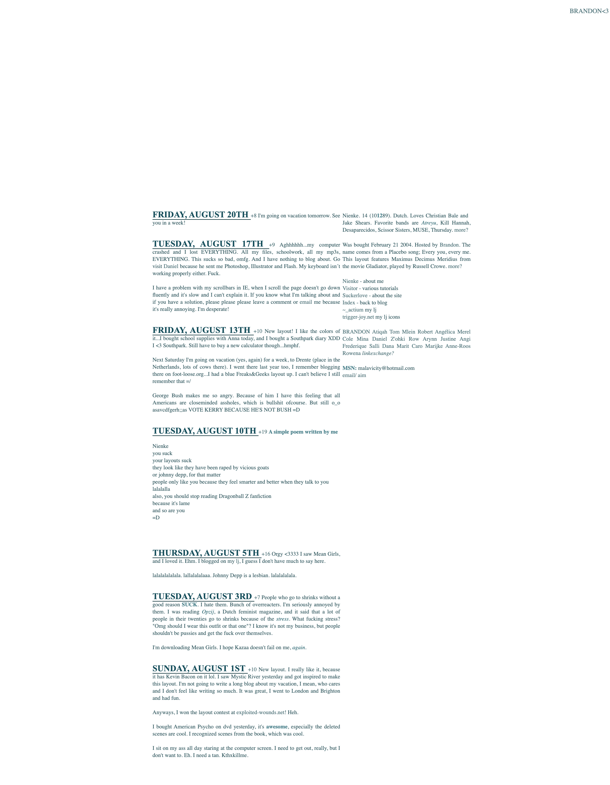 A white page with teal Georgia blog posts and uppercase date headings, and a sidebar about Nienke, the site and friends