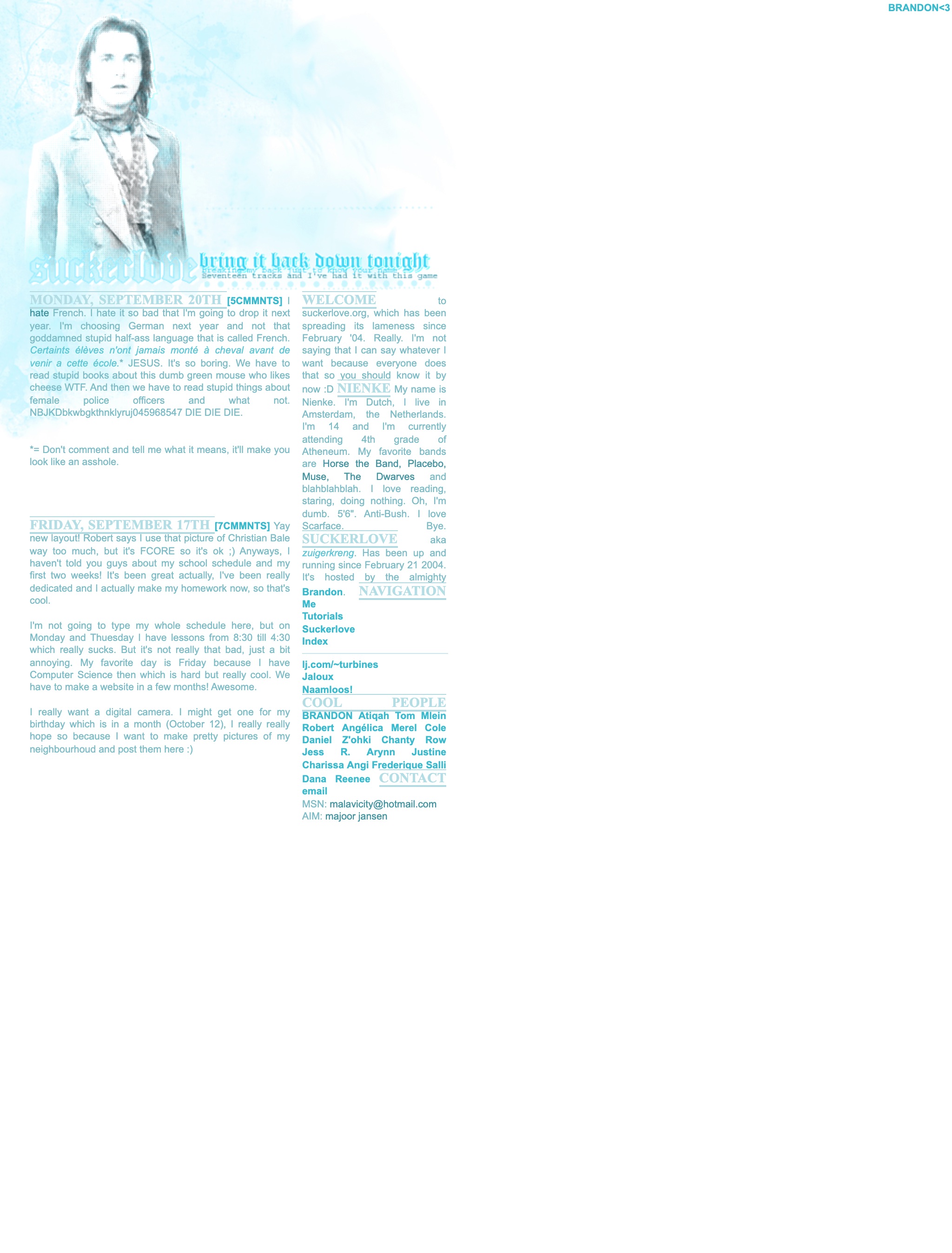 A halftone Christian Bale in pale blue watercolour above two columns of tiny pale blue text: blog posts on the left, welcome, about, navigation and cool people on the right