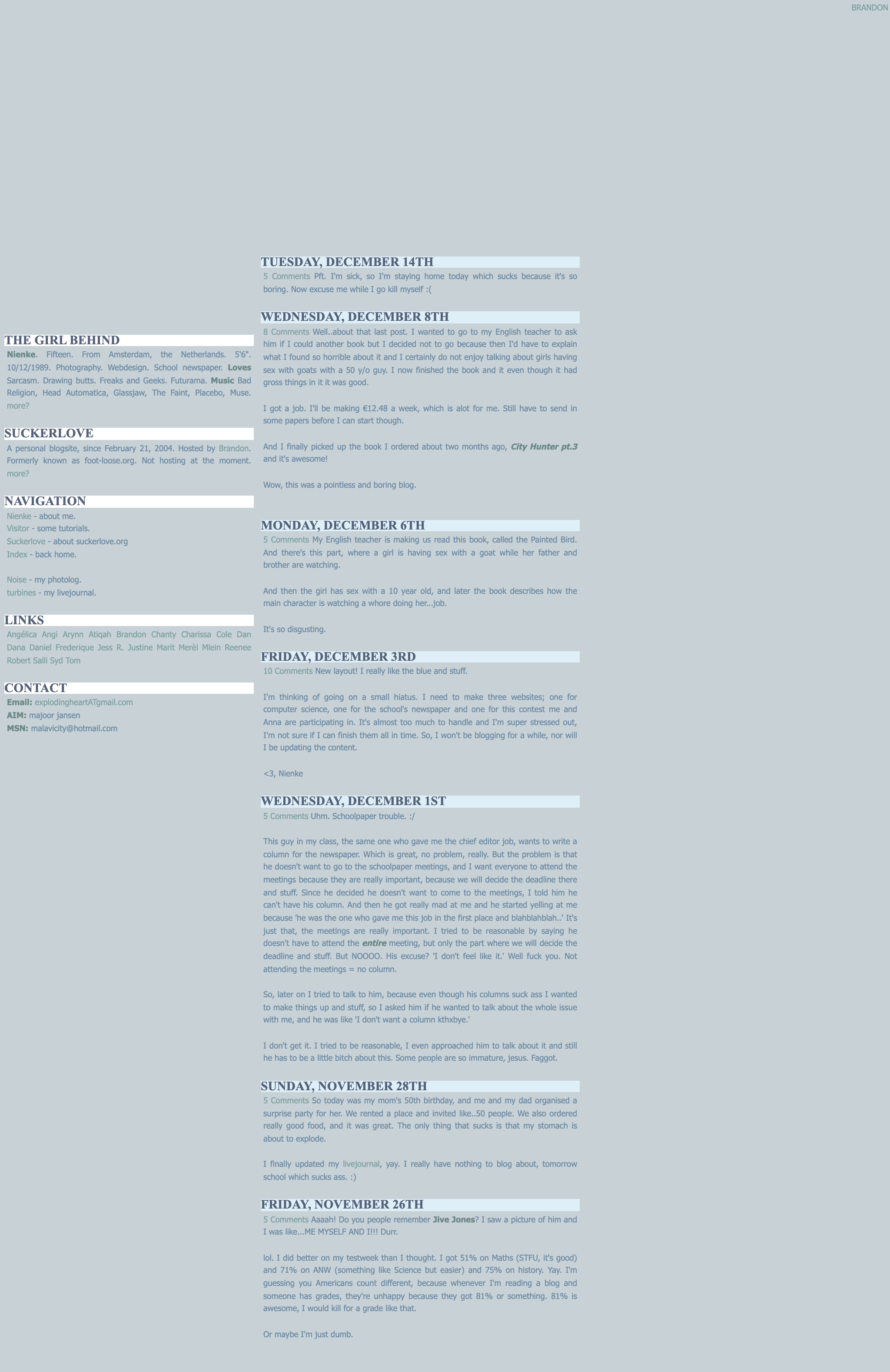 A grey-blue page with a sidebar on the left and blog posts with pale blue uppercase date bars