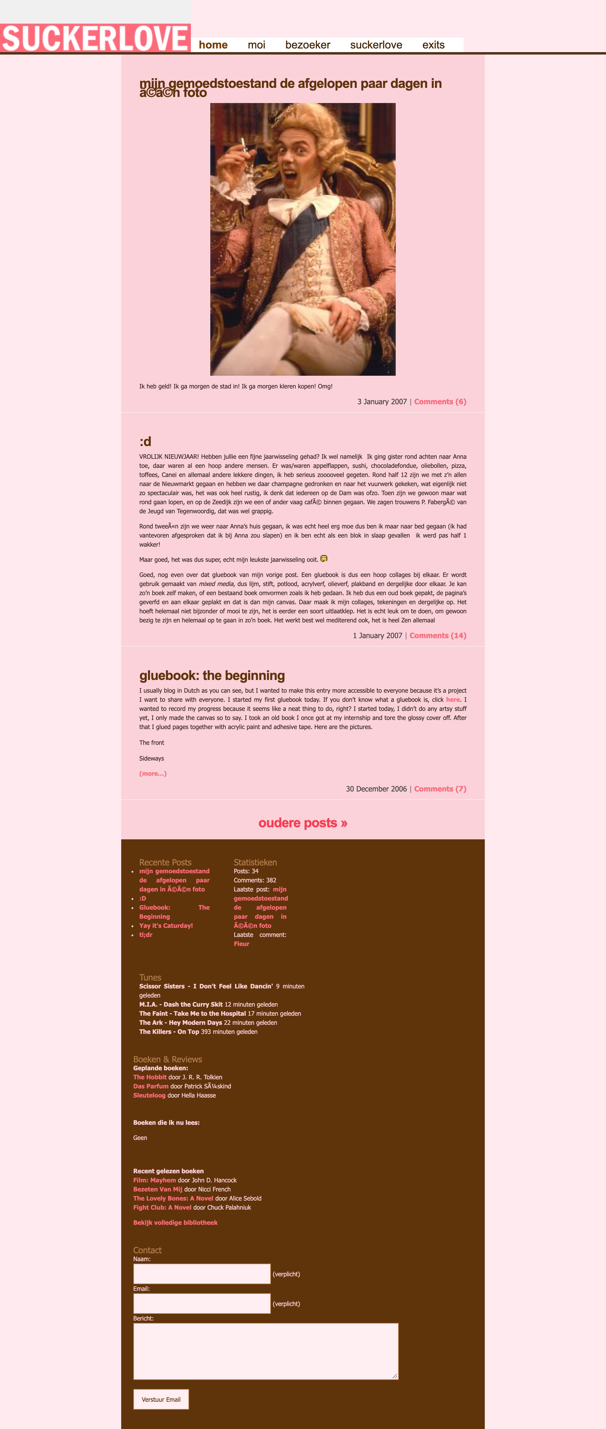 A pink WordPress blog with a SUCKERLOVE logo, a post with a photo of a man in a powdered wig toasting, and a brown sidebar with recent posts, recently played tunes and books
