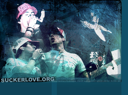 A teal, grungy collage of a singer in a trucker cap and a guitarist, with SUCKERLOVE.ORG in white along the bottom