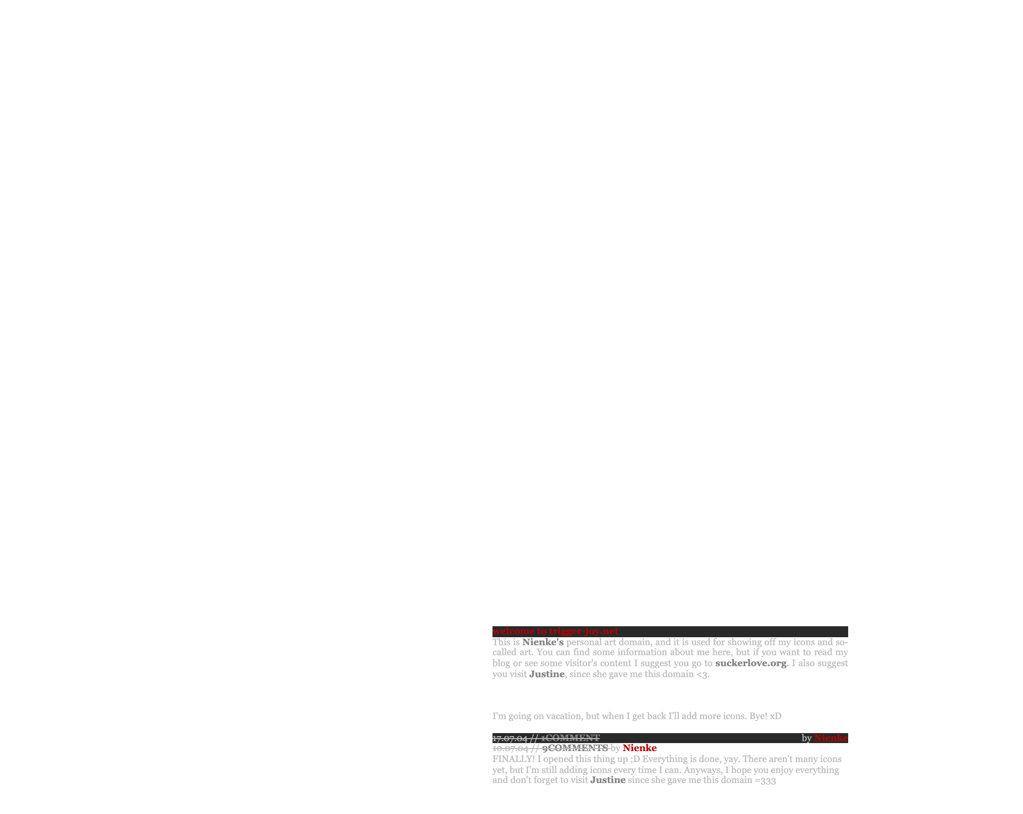 A mostly empty white page with a small column of blog posts at the bottom right under black bars with red text