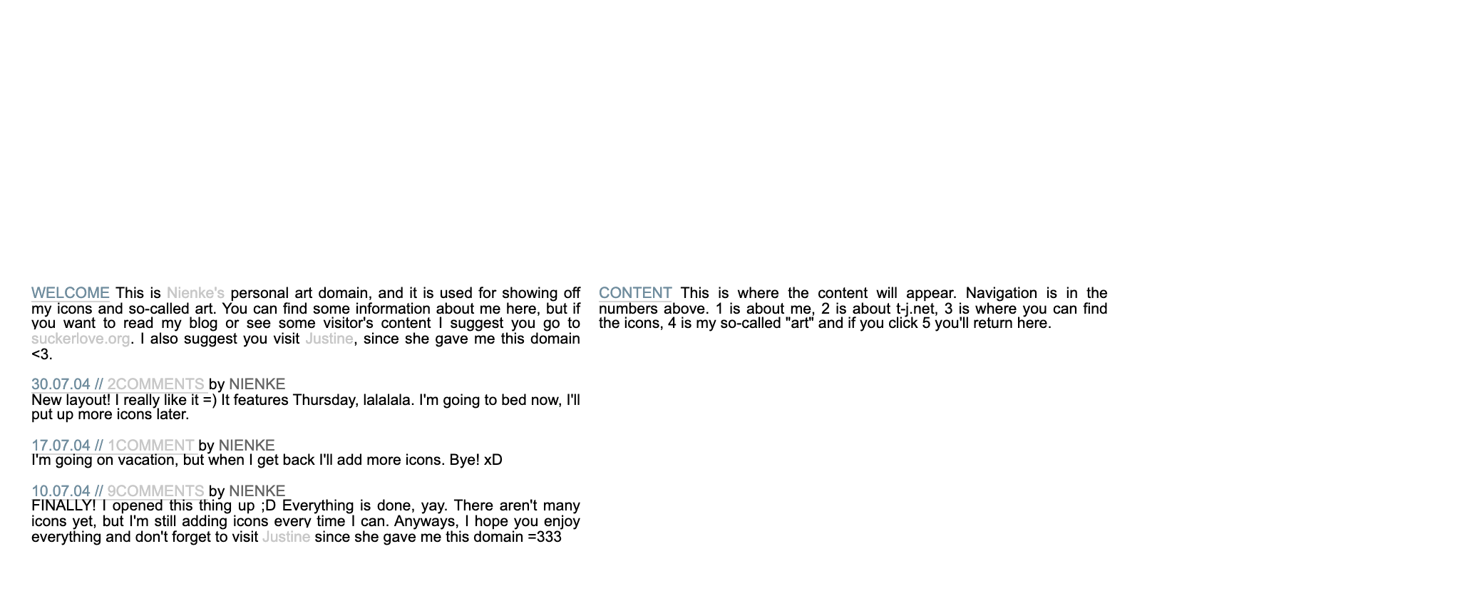 A white page with two columns of small Arial text, a welcome and the blog on the left and a content box on the right